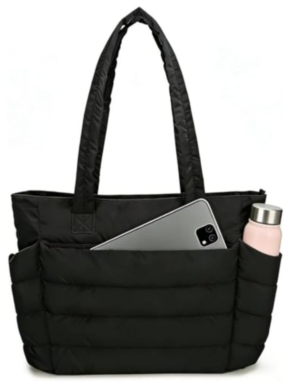 Puffer Quilted Tote Bag for Women, Laptop Compartment, Sturdy Stitching, Nylon